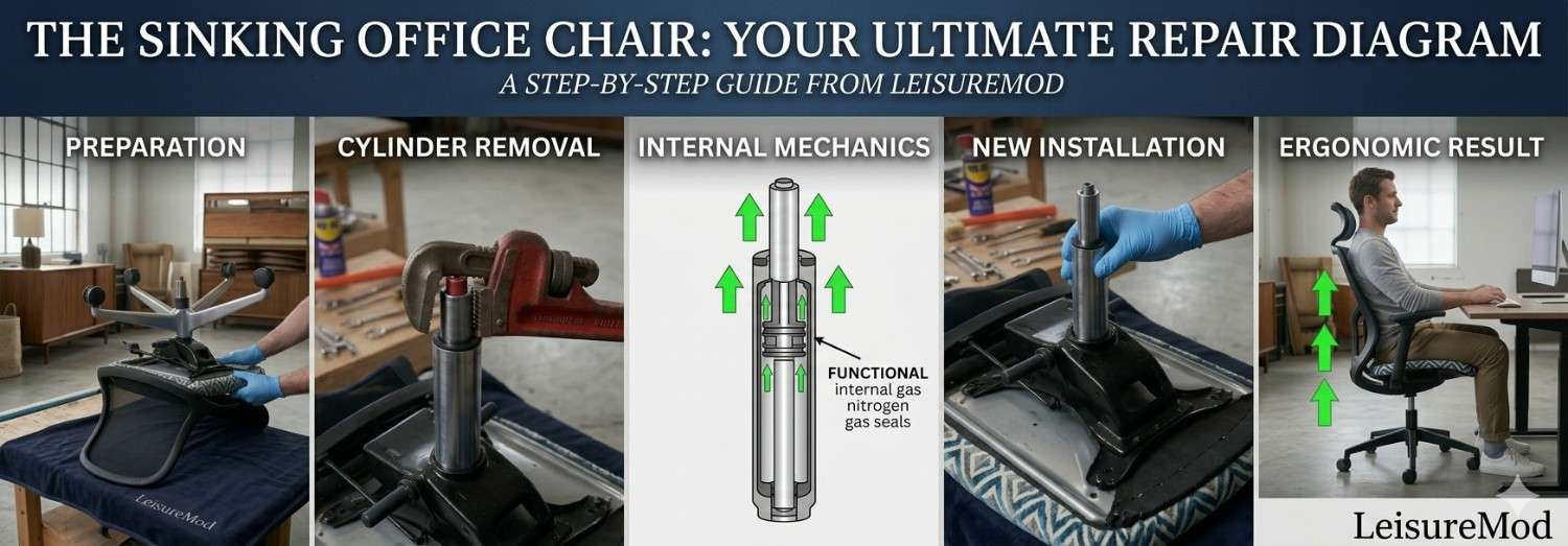 A wide horizontal 5-panel infographic for LeisureMod showing how to fix a sinking office chair