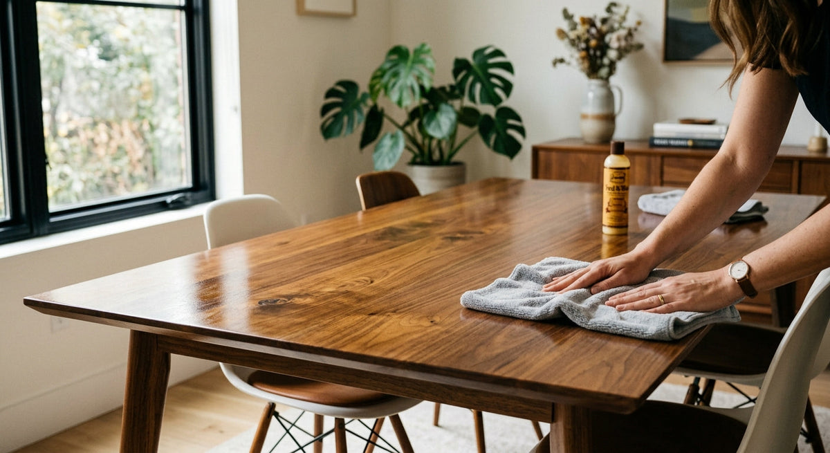 Person using a plush microfiber cloth to polish a mid-century modern solid walnut dining table, highlighting the rich wood grain and glowing sheen in soft morning window light.