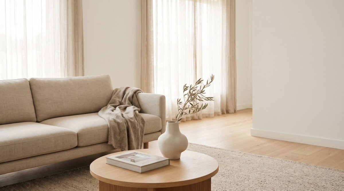 Warm minimalist living room with beige sofa, round wood coffee table, and ceramic vase