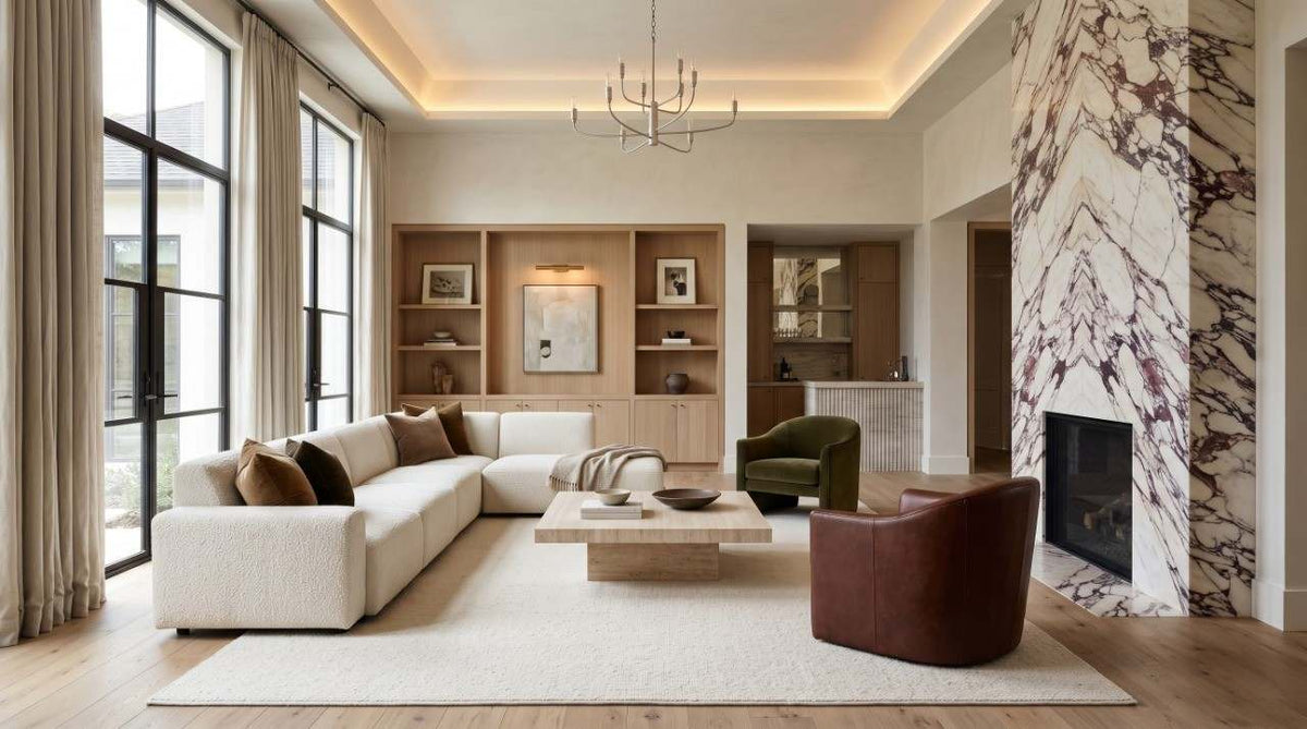 Luxury interior design living room with bookmatched marble fireplace and custom oak built-ins.