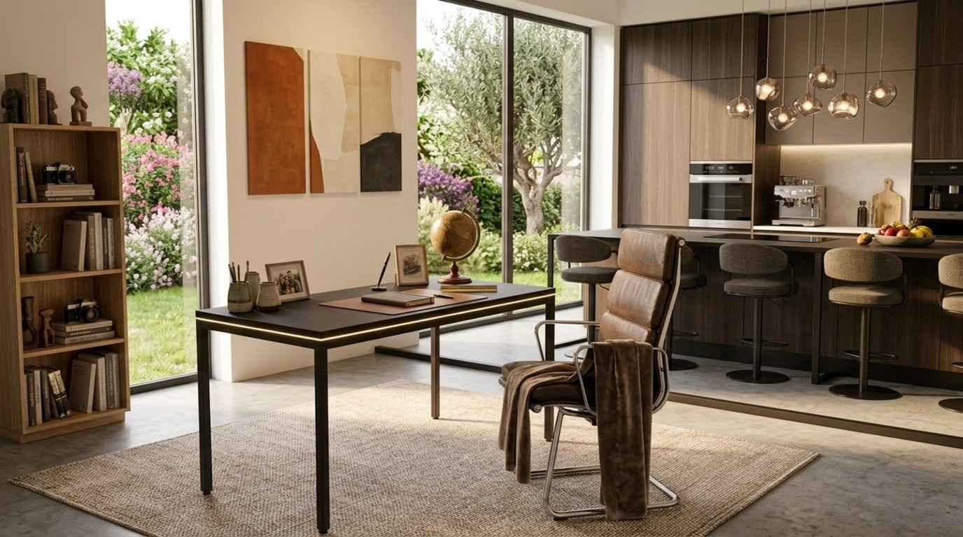 Open-plan living space seamlessly combining a standard desk workspace with a kitchen counter seating area.