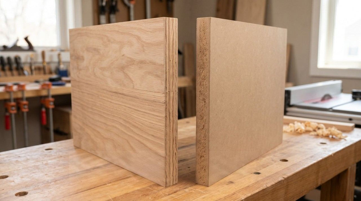 Close-up cross-section comparing layered plywood edge and smooth MDF board.