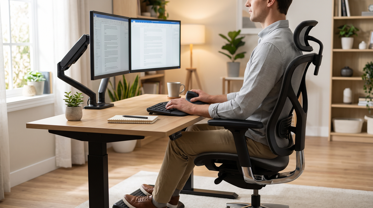 Professional working at an ergonomic desk setup with adjustable mesh chair, dual monitor arm, and neutral posture