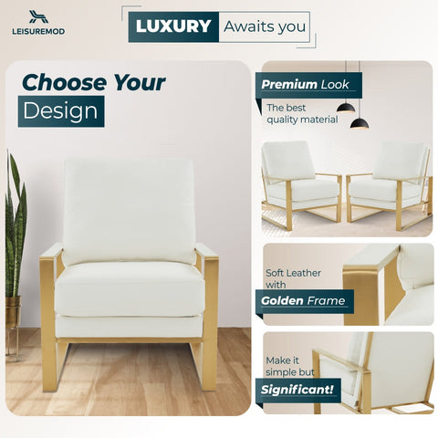 LeisureMod Jefferson Leather Modern Design Accent Armchair With Elegant Gold Frame