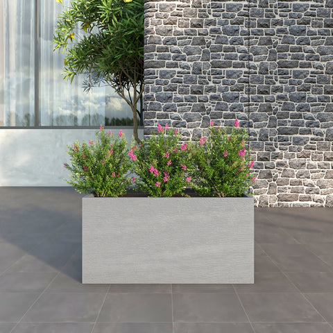 LeisureMod Flora Modern Rectangular Planter Pot in Fiberstone and Clay Weather Resistant Design in Grey