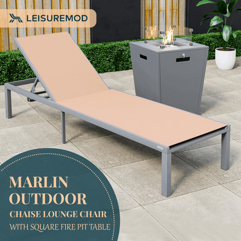 LeisureMod Marlin Modern Grey Aluminum Outdoor Patio Chaise Lounge Chair with Square Fire Pit Side Table