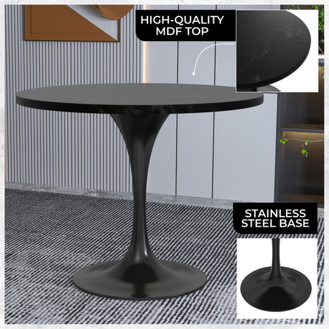 LeisureMod Verve Modern Round Dining Table with 36" MDF Tabletop and Black Steel Pedestal Base