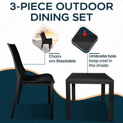 LeisureMod Kent Mid-Century Modern Weave Design 3-Piece Outdoor Patio Dining Set