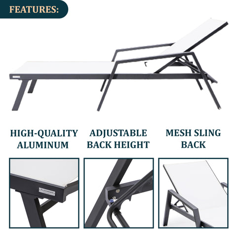 LeisureMod Marlin Modern Black Aluminum Outdoor Chaise Lounge Chair With Arms and Square Fire Pit Side Table for Patio