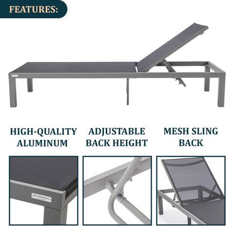 LeisureMod Marlin Modern Grey Aluminum Outdoor Patio Chaise Lounge Chair with Square Fire Pit Side Table