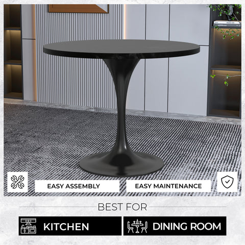 LeisureMod Verve Modern Round Dining Table with 36" MDF Tabletop and Black Steel Pedestal Base