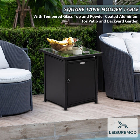 LeisureMod Walbrooke Modern Square Tank Holder Table with Tempered Glass Top and Powder Coated Aluminum