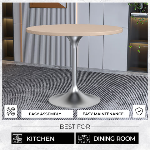LeisureMod Verve 36" Dining Table, Mid-Century Modern Round Dining Table with MDF Top and Brushed Chrome Pedestal Base for Dining Room and Kitchen