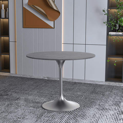 LeisureMod Verve Mid-Century Modern 36" Round Dining Table with Sintered Stone Top and Stainless Steel Pedestal Base for Kitchen and Dining Room