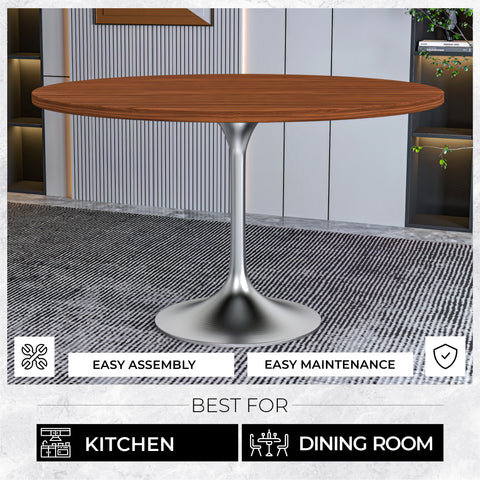 LeisureMod Verve 48" Dining Table, Mid-Century Modern Round Dining Table with MDF Top and Brushed Chrome Pedestal Base for Dining Room and Kitchen