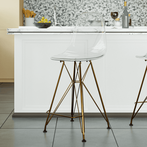 LeisureMod Cresco Modern Acrylic Barstool with Gold Chrome Base and Footrest