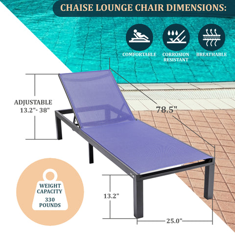 LeisureMod Marlin Modern Black Aluminum Outdoor Patio Chaise Lounge Chair with Square Fire Pit Side Table