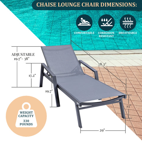 LeisureMod Marlin Modern Black Aluminum Outdoor Chaise Lounge Chair With Arms and Square Fire Pit Side Table for Patio