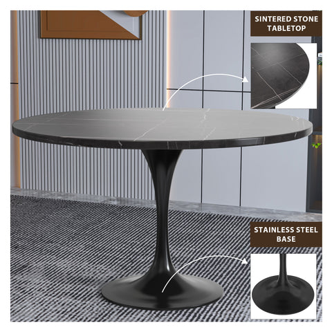 LeisureMod Verve Modern 48" Round Dining Table with Sintered Stone Tabletop in Black Steel Pedestal Base