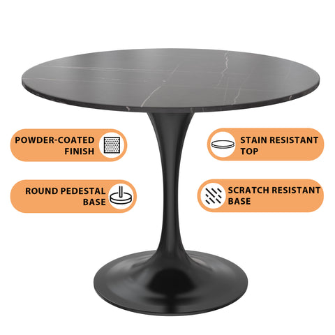LeisureMod Verve Modern Dining Table with a 36" Round Sintered Stone Tabletop and White Steel Pedestal Base