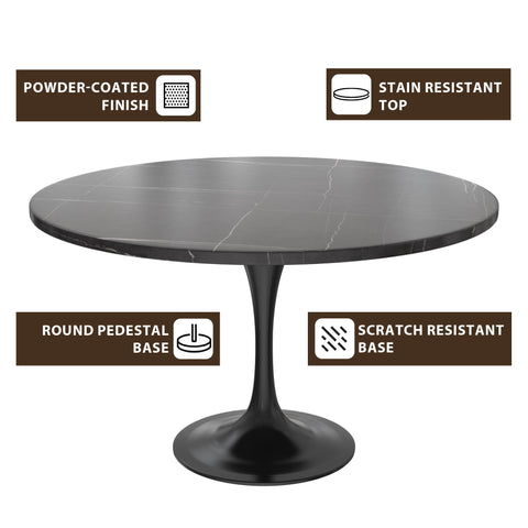 LeisureMod Verve Modern 48" Round Dining Table with Sintered Stone Tabletop in Black Steel Pedestal Base
