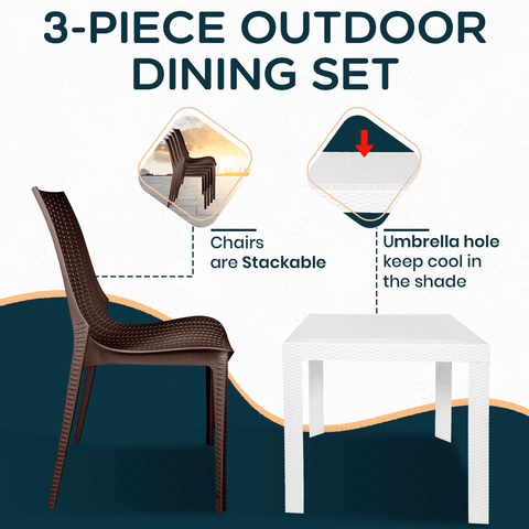 LeisureMod Kent Mid-Century Modern Weave Design 3-Piece Outdoor Patio Dining Set