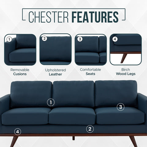 LeisureMod Chester Modern Leather Sofa With Birch Wood Base