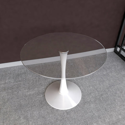 LeisureMod Bristol Mid-Century Modern Round Dining Table with Glass Top and Iron Pedestal Base for Dining Room and Kitchen