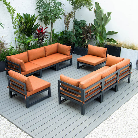 LeisureMod Chelsea 8-Piece Modern Outdoor Patio Sectional Black Aluminum With Cushions