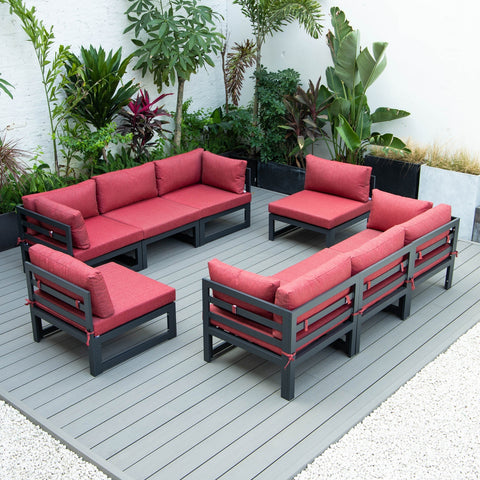 LeisureMod Chelsea 8-Piece Modern Outdoor Patio Sectional Black Aluminum With Cushions
