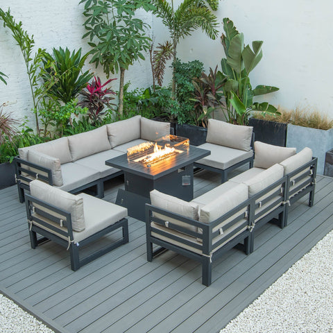 LeisureMod Chelsea 9-Piece Patio Sectional with Fire Pit Table Black Aluminum With Cushions