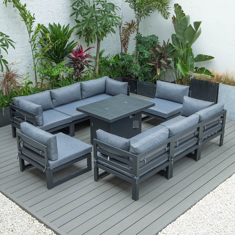LeisureMod Chelsea 9-Piece Patio Sectional with Fire Pit Table Black Aluminum With Cushions