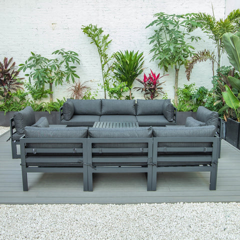 LeisureMod Chelsea 9-Piece Patio Sectional with Coffee Table Black Aluminum With Cushions