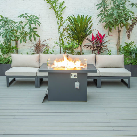 LeisureMod Chelsea 5-Piece Middle Patio Chairs and Fire Pit Table Set Black Aluminum With Cushions