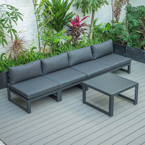 LeisureMod Chelsea 5-Piece Middle Patio Chairs and Coffee Table Set Black Aluminum With Cushions