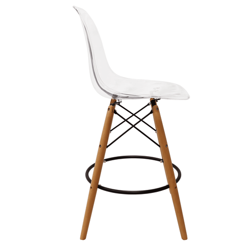 LeisureMod Dover Mid-Century Modern Plastic Barstool with Beech Wood Legs and Footrest for Kitchen and Dining Room