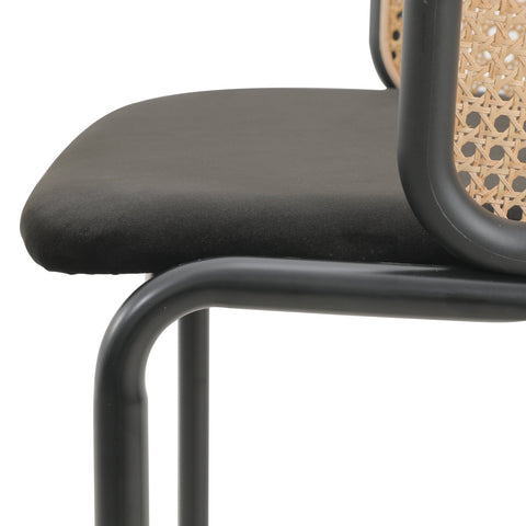 LeisureMod Ervilla Mid-Century Modern Wicker Bar Stool with Fabric Seat and Black Powder Coated Steel Frame