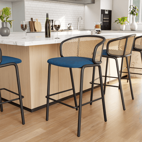 LeisureMod Ervilla Mid-Century Modern Wicker Bar Stool with Fabric Seat and Black Powder Coated Steel Frame