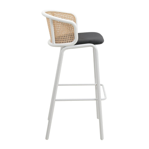 LeisureMod Ervilla Mid-Century Modern Wicker Bar Stool with Fabric Seat and White Powder Coated Steel Frame