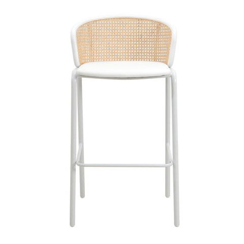 LeisureMod Ervilla Mid-Century Modern Wicker Bar Stool with Fabric Seat and White Powder Coated Steel Frame