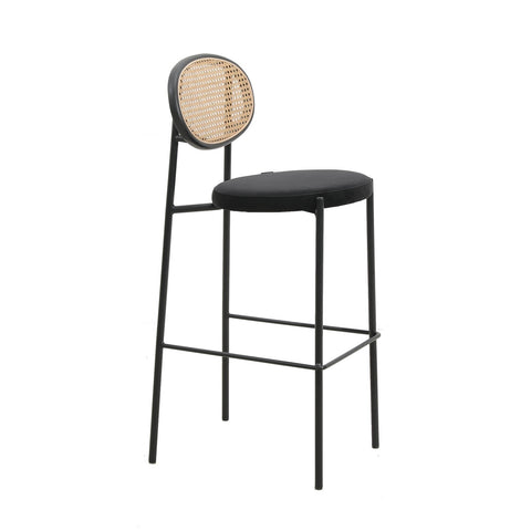 LeisureMod Euston Mid-Century Modern Wicker Bar Stool with Black Powder Coated Steel Frame and Footrest
