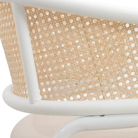 LeisureMod Ervilla Modern Dining Armchair with White Powder Coated Steel Legs and Wicker Back