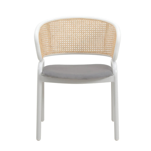 LeisureMod Ervilla Modern Dining Armchair with White Powder Coated Steel Legs and Wicker Back