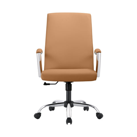 LeisureMod Evander Mid-Century Modern Swivel Office Chair in Faux Leather with Adjustable Height and Silver Frame