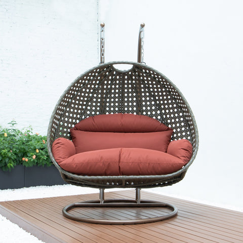 LeisureMod Modern Beige Wicker Hanging Double Seater Egg Swing Chair