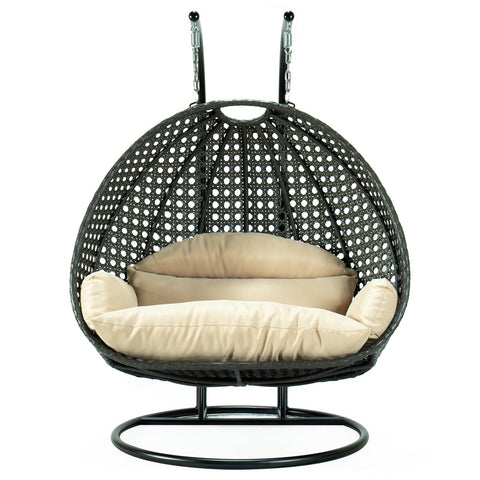 LeisureMod Modern Charcoal Wicker Hanging Double Seater Egg Swing Chair