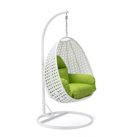 LeisureMod White Wicker Hanging Single Egg Swing Chair With Cushions