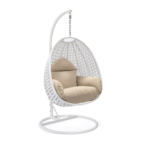 LeisureMod White Wicker Hanging Single Egg Swing Chair With Cushions