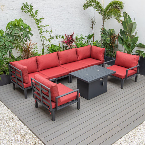 LeisureMod Hamilton 7-Piece Aluminum Patio Conversation Set With Fire Pit Table And Cushions