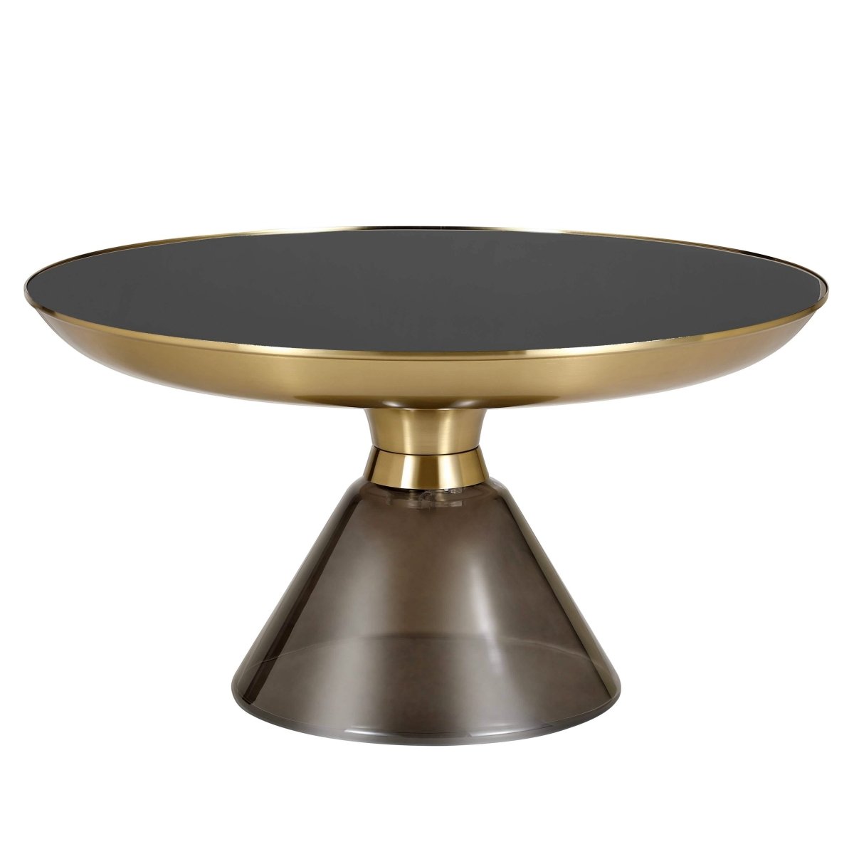 Hyalus 30 - Inch Round Glass Coffee Table with Golden Iron Rim Frame and Glass Base